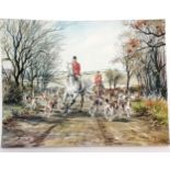 Watercolour painting on paper of a hunting scene by Frances Fry - 38cm x 29cm & has slight crease