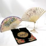 Oriental silk drawstring bag with gold thread work decoration t/w 2 oriental fans (1 depicting a