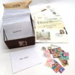 Box containing stamps organised into A-Z of countries in separate envelopes /w qty of GB FDC's