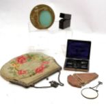 Qty of oddments inc travelling inkwell, miniature compass set, hand lens in original case,
