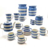 Qty of T G Green cornishware blue & white inc 3 storage jars (tallest 18cm), 6 cups / saucers (1 cup