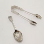 Antique 1861 Newcastle silver sugar tongs by John Walton t/w Exeter silver teaspoon 64g - repair