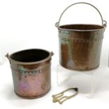 Matched pair of antique copper coal / log buckets with river detail and swing handles - largest 34cm