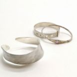 3 x silver bangles - stylised asymmetrical cuff, Charles Horner adjustable & amethyst set bangle -