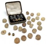 23 x antique gilt metal buttons (2cm diameter) t/w cased gilt metal pearl set cufflinks / stud