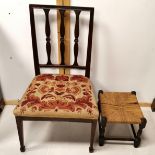 Antique mahogany chair T/W a rush seated small stool