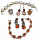 Qty of silver jewellery set with amber & stones - amber bracelet 18cm ~ total weight 59g - SOLD ON