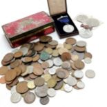 Tin of mixed coins & commemorative medallions