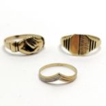 3 x 9ct gold rings - clasped hands (size X), wishbone set with diamond (size M) & signet ring (