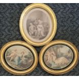 3 x antique gilt oval framed prints - 2 of classical scenes of cupid & 1 after Bartolozzi (34cm x