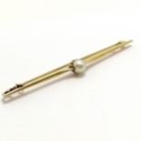 Antique 15ct marked gold bar brooch set with a pearl with unusual safety catch - 6.5cm long & 3.7g