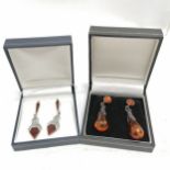 2 x silver pairs of earrings - 1 amber set (4cm drop) & hardstone with marcasite ~ 13.5g total