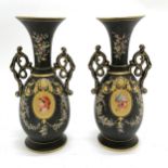 Pair of antique mantle vases with portrait cartouches to centres on a black ground with gilded