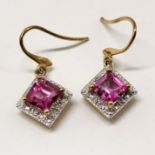 9ct hallmarked gold topaz (?) & diamond (8 in total) set earrings - 3.2g total weight