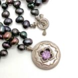 Dower & Hall silver black baroque pearl necklace with an amethyst set pendant - 36cm long