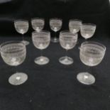 9 antique acid etched wine glasses 11cm high - No obvious damage