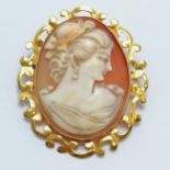 9ct marked gold hand carved portrait shell cameo brooch - 4.5cm drop & 9.9g total weight