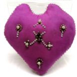 WWI sweetheart purple heart pin cushion - 16cm x 16cm ~ 1 bead missing