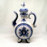 Handmade oversized Russian Gzhel coffee pot, in a blue and white floral pattern with bird shaped