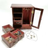Wooden jewellery table cabinet (25cm x 22cm x 13cm) inc 3 pairs of gold earrings (3g total
