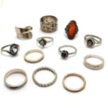 12 x silver rings inc Mexican, turquoise, crossover, 2 silver gilt etc - total weight 42g - SOLD