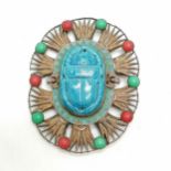 Large Egyptian revival type belt / sash buckle with pottery scarab panel to centre, enamel and