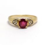 18ct marked gold ruby ring with heart shaped shoulders channel set with diamonds (14) - size N & 3.