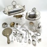 Quantity of silver plated items including meat dome, vegetable warming dish, Polish Norblin ladle (