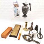 German figure entitled Mama, with factory fault, t/w set of dominoes, pewter hotwater jug, t/w brass