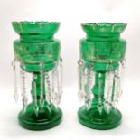 Pair of antique green lustre vases with double row of drops - 31cm high - 1 a/f repaired to top