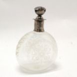 Continental etched glass scent bottle with hallmarked silver collar and screwtop lid with flower