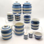 Qty of T G Green blue & white striped Cornishware - large storage jar (20cm), flour caster, jam pot,