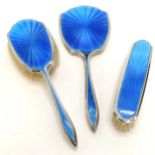 3 piece silver and blue enamel dressing table set ~ damage to the enamel of the mirror otherwise
