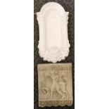 Concrete plaque depicting a horse and warrior H36cm x W30cm. T/w plaster niche has some chips
