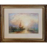 Framed 1895 watercolour painting of a harbour scene by M A Lawman after Copley Fielding - frame 54cm