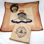 Hand embroidered Royal Artillery cushion cover (58cm x 54cm & has fading), silk Royal Artillery