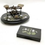 Antique (1881) Ashford black marble folklore flowers desk weight & letter scales (23cm & with gilt