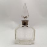 Antique etched glass scent bottle with a silver 800 marked maker TM. Collar, basket of flowers