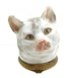 Antique Meissen cat head snuff box with gilt metal hinged lid - 5cm diameter x 6.8cm high ~ no
