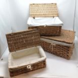 Sett of 3 wicker hampers lined with white cotton largest 53cm x 37cm x 24cm high. All in good used