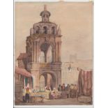 Antique watercolour of a market scene in Rouen (?) signed with initials bottom left (notes on
