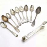 Qty of silver teaspoons (inc 5 x Georgian by WW) & Georgian sugar tongs (14cm) ~ 158g total