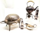 Antique plated revolving dish, cruet, small spirit kettle etc.