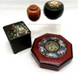 A Japanese Lacquered 3 tier chest 14cm square , t/w a lacquered sectional covered tray 25cm in