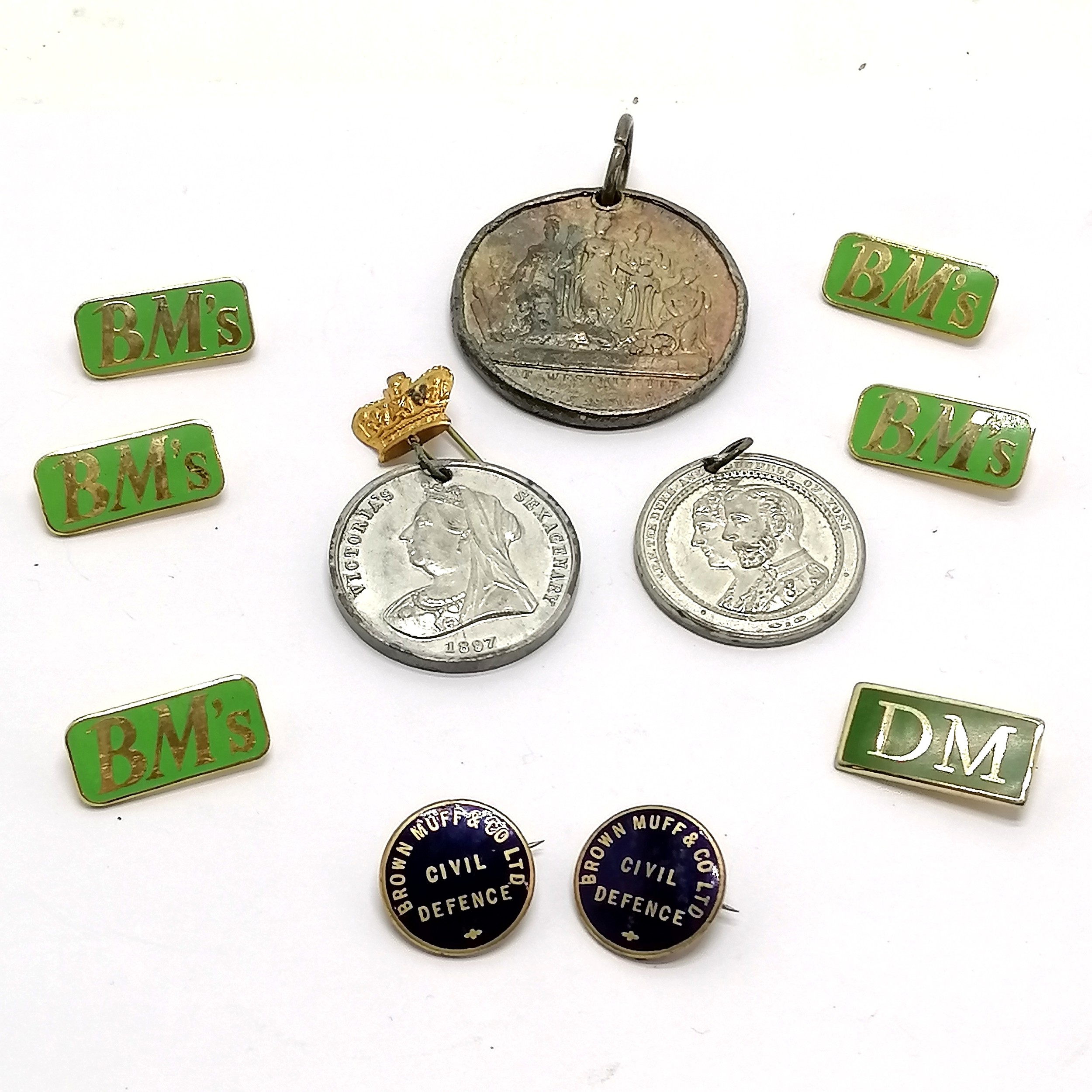 Qty of badges inc Brown Muff & Co Ltd 2 x blue enamel Civil Defence, 6 x green enamel + empty bag