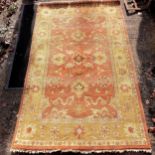 Indian pale yellow and terracotta coloured wool rug - 250cm x 150cm ~ in good used condition