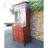Antique mahogany bureau bookcase with top drawer pulling out to reveal bureau has original key and