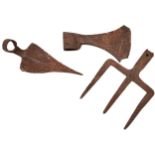 Rustic iron trident, t/w axe head and a trowel shaped tool.