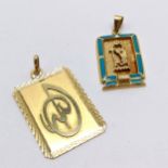 2 x Egyptain foreign marked (both touch test as 18ct) panel pendants (1 set with blue enamel detail)