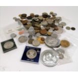 Box containing qty of coins / tokens inc 2015 Tristan da Cunha Churchill 5 crowns, 2012 Somali